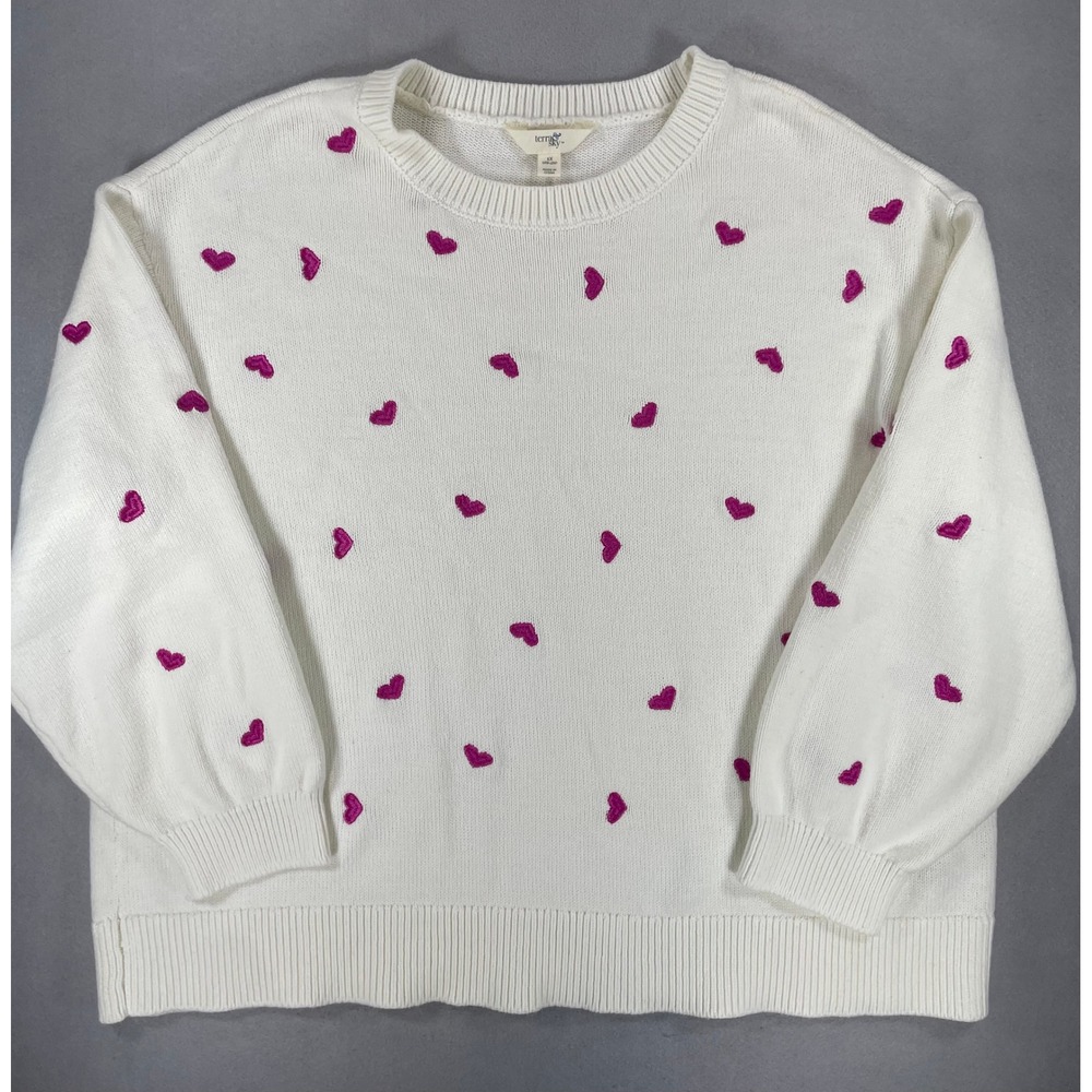 Terra & Sky Women Sweater Heart Embroidered White Pink Cotton Blend 1X